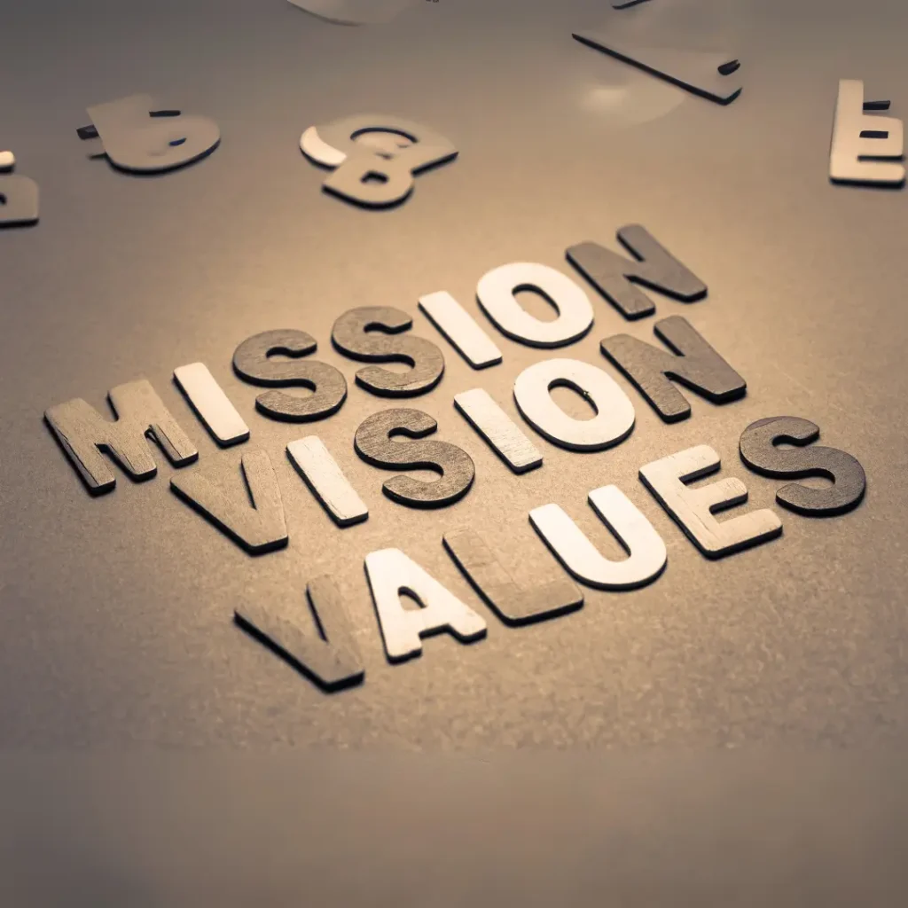 Mission, Vision, and Values on a table