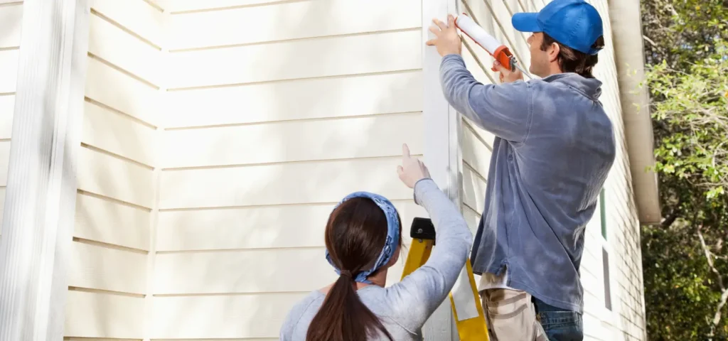 Man and woman applying caulk