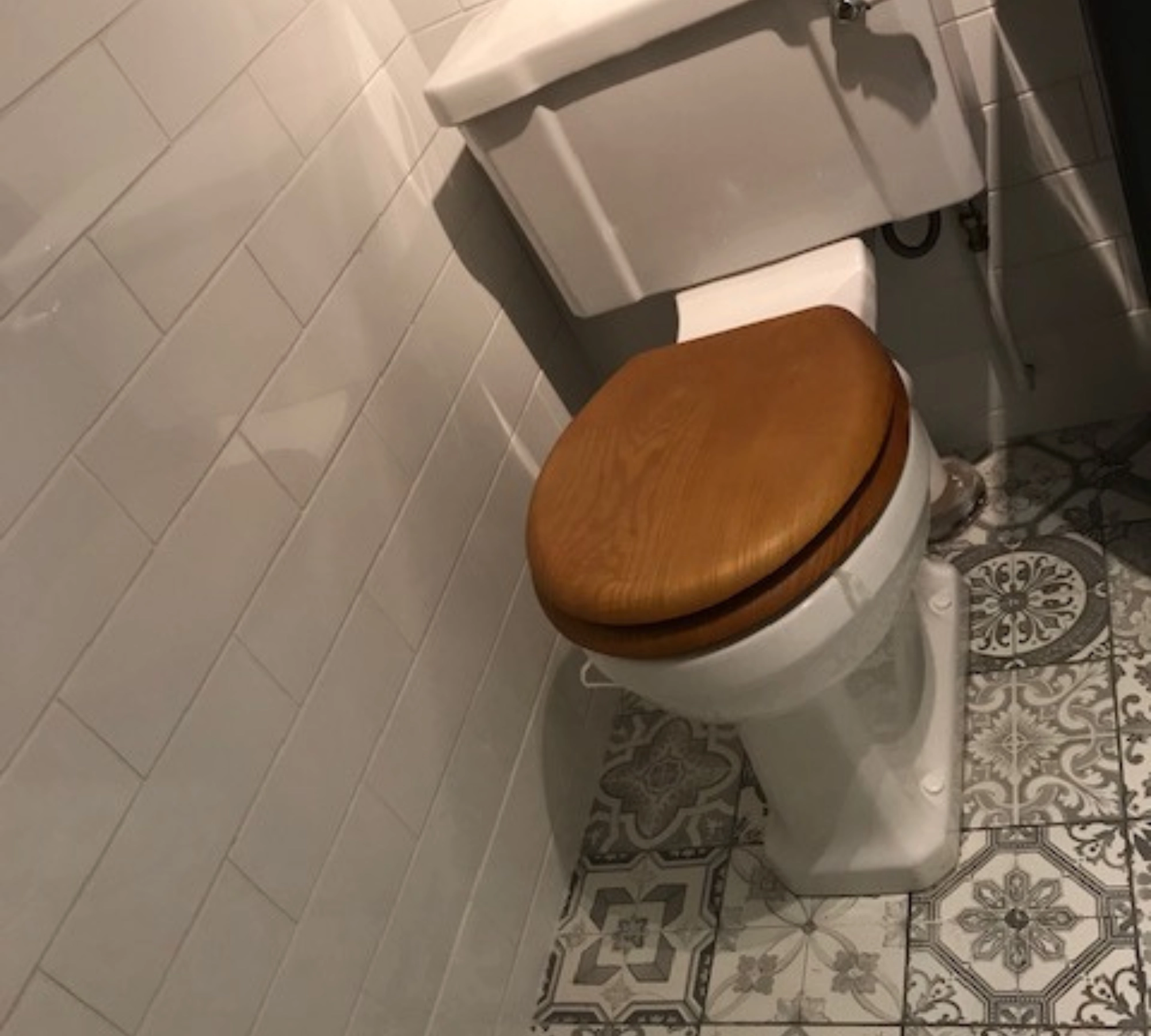 Toilet with wooden seat