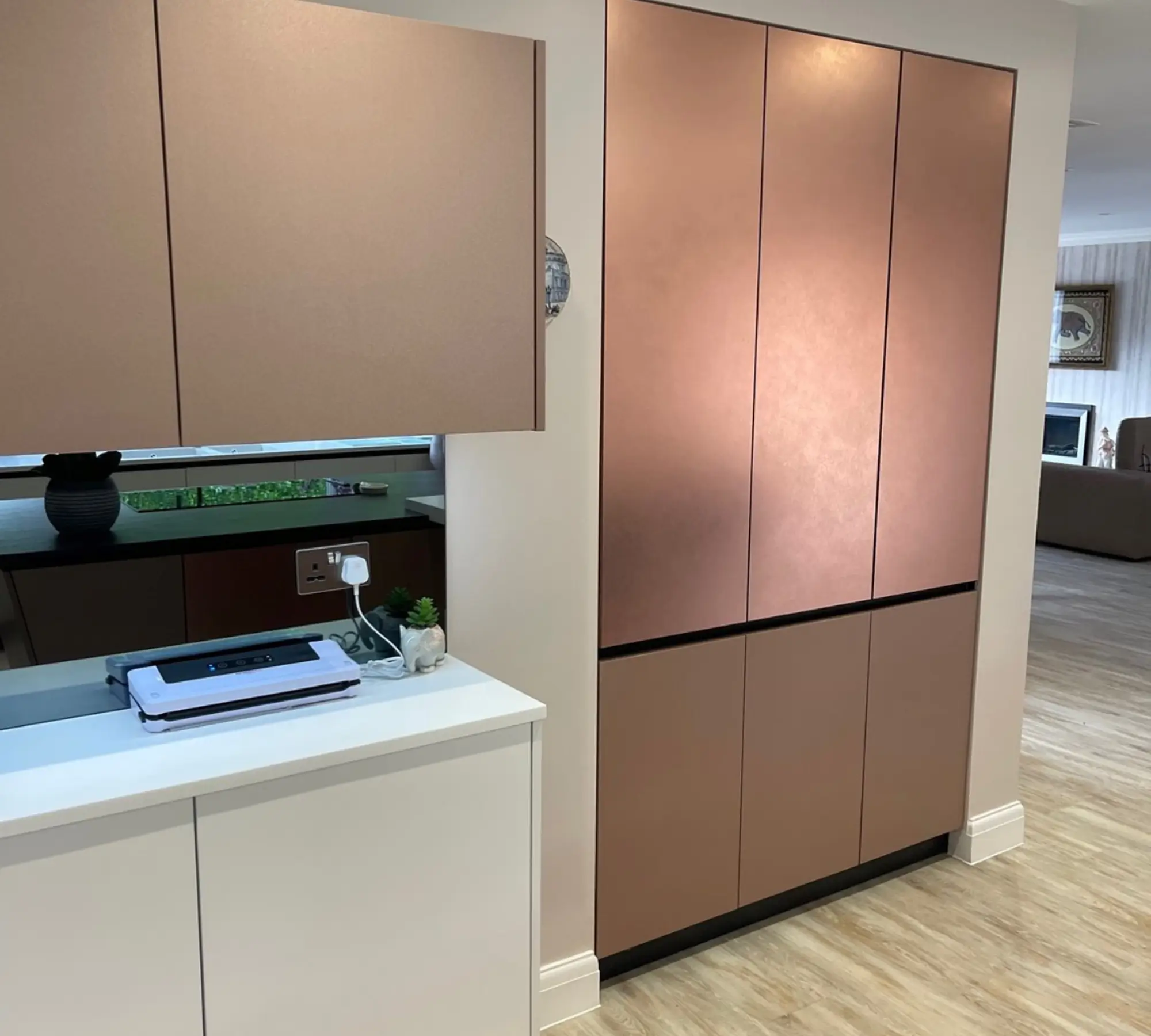 Rose gold kitchen storage cabinets