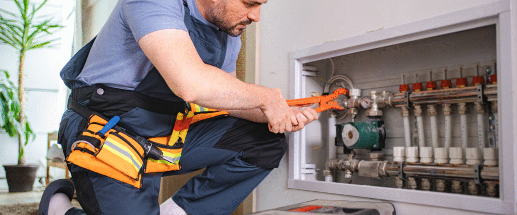 A heating technician using a wrench to adjust a central heating manifold inside a home, performing professional heating system maintenance.