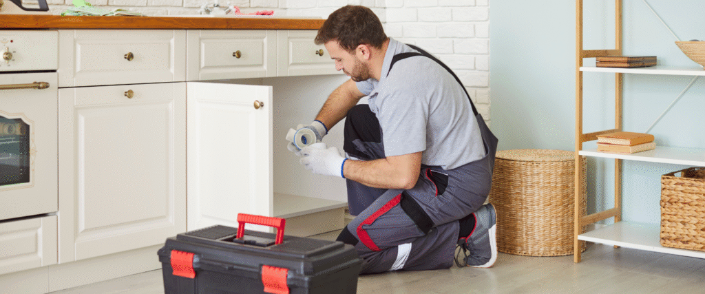Professional plumber fixing an under-sink pipe leak in a modern London kitchen – tools visible, clean and bright environment.