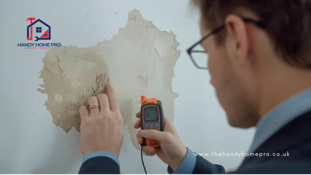 Tradesperson using a moisture meter to assess a damp patch on an interior wall